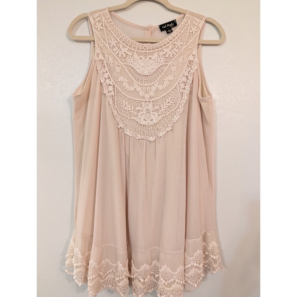 Cal Style USA Womens Bone Mesh Crochet Lace Bib Sleeveless Tunic Top‎ Large